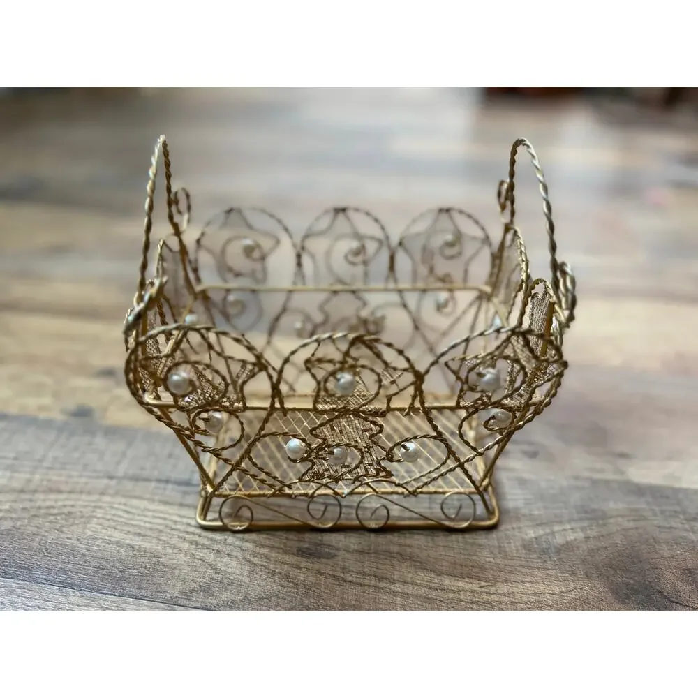Vintage Gold Filigree Wire Basket Faux Pearl Vanity Jewelry Catchall Cottagecore